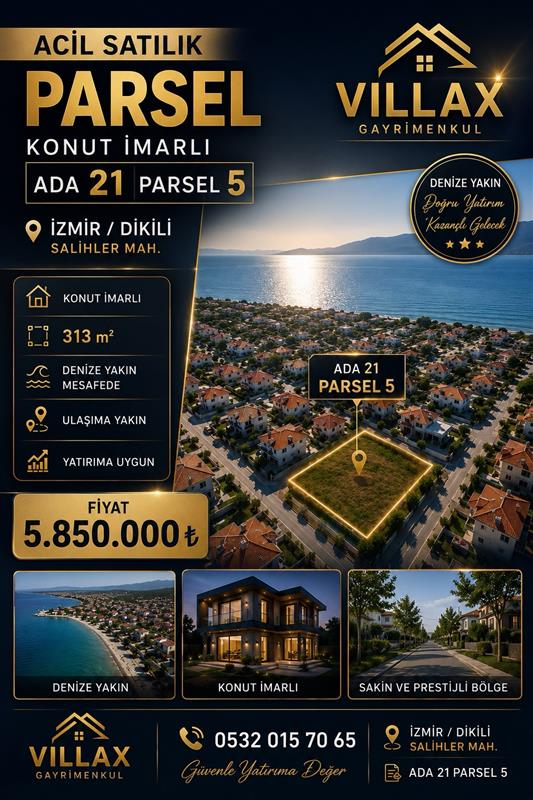 Fırsat! İzmir Dikili Salihler Mah. Gülkent Sitesi İçerisinde Denize Yakın 313 m² İmarlı Arsa
